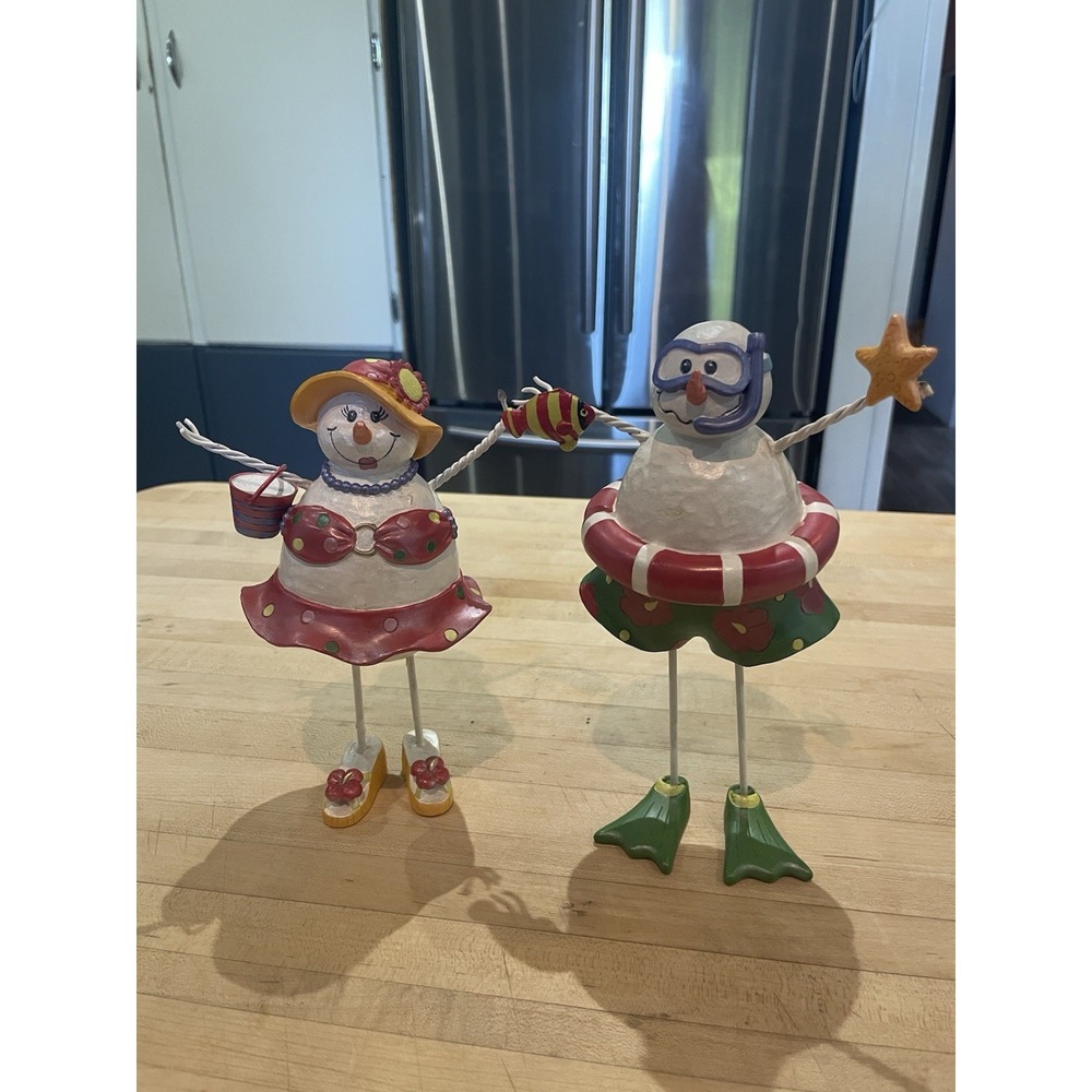 Beach Snowman And Woman Couple Snowbirds Christmas Figures Folk Art 7" Swimmers